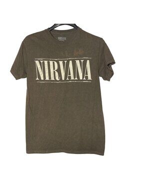 Nirvana Smiley Face Graphic T-Shirt Olive Green Sz SM Cotton